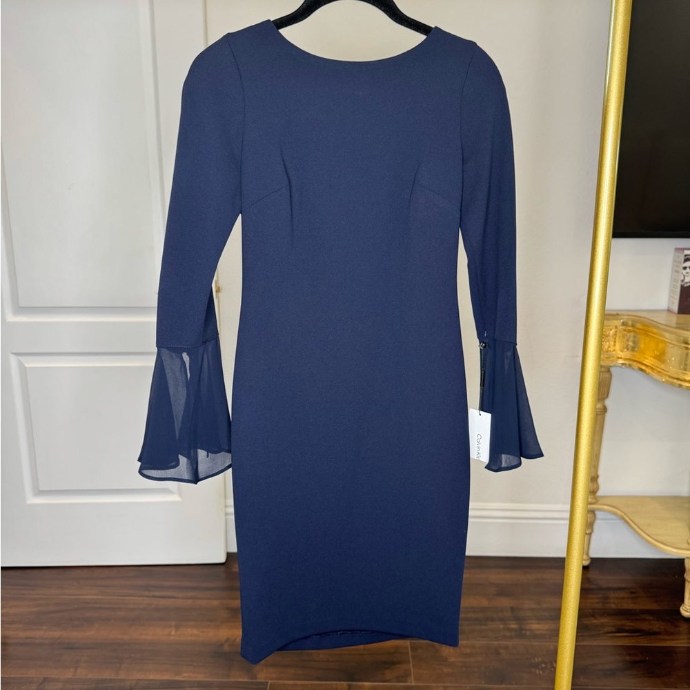 Calvin Klein Blue Long Sleeve Sheath Dress